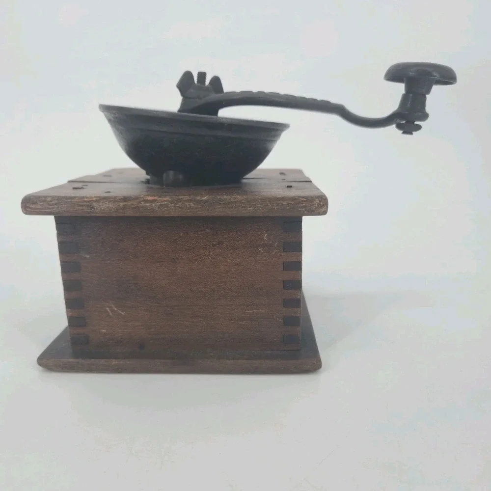 Antique Wooden Coffee Grinder Cast Iron Hand Crank Mill Porcelain Knob Vintage